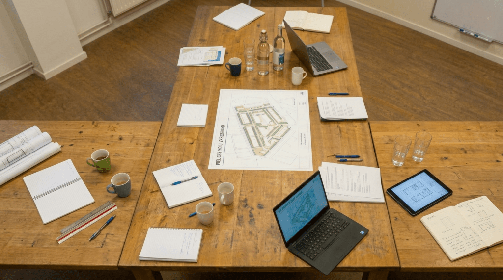 Eight people around a table reviewing urban planning maps and documents